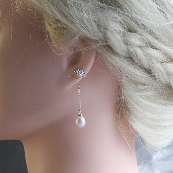 SOLD Genuine Freshwater Pearl Earrings Studs Sterling Silver Long Earrings - Picture 5 of 5